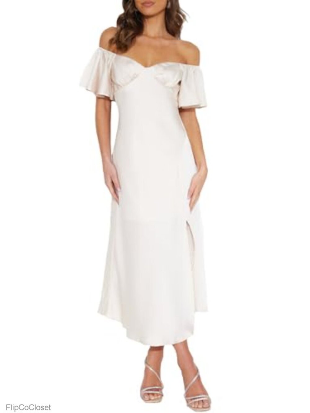 Satin Off Shoulder Midi Dress with Ruffle Sleeves for Wedding Guest